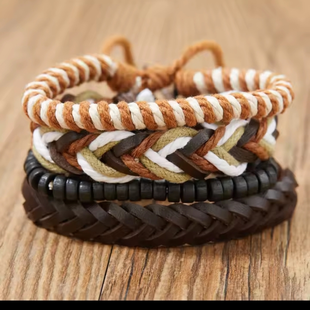 Men's Leather Bracelets‎ Set 4pc Layered Braided Brown New f14
